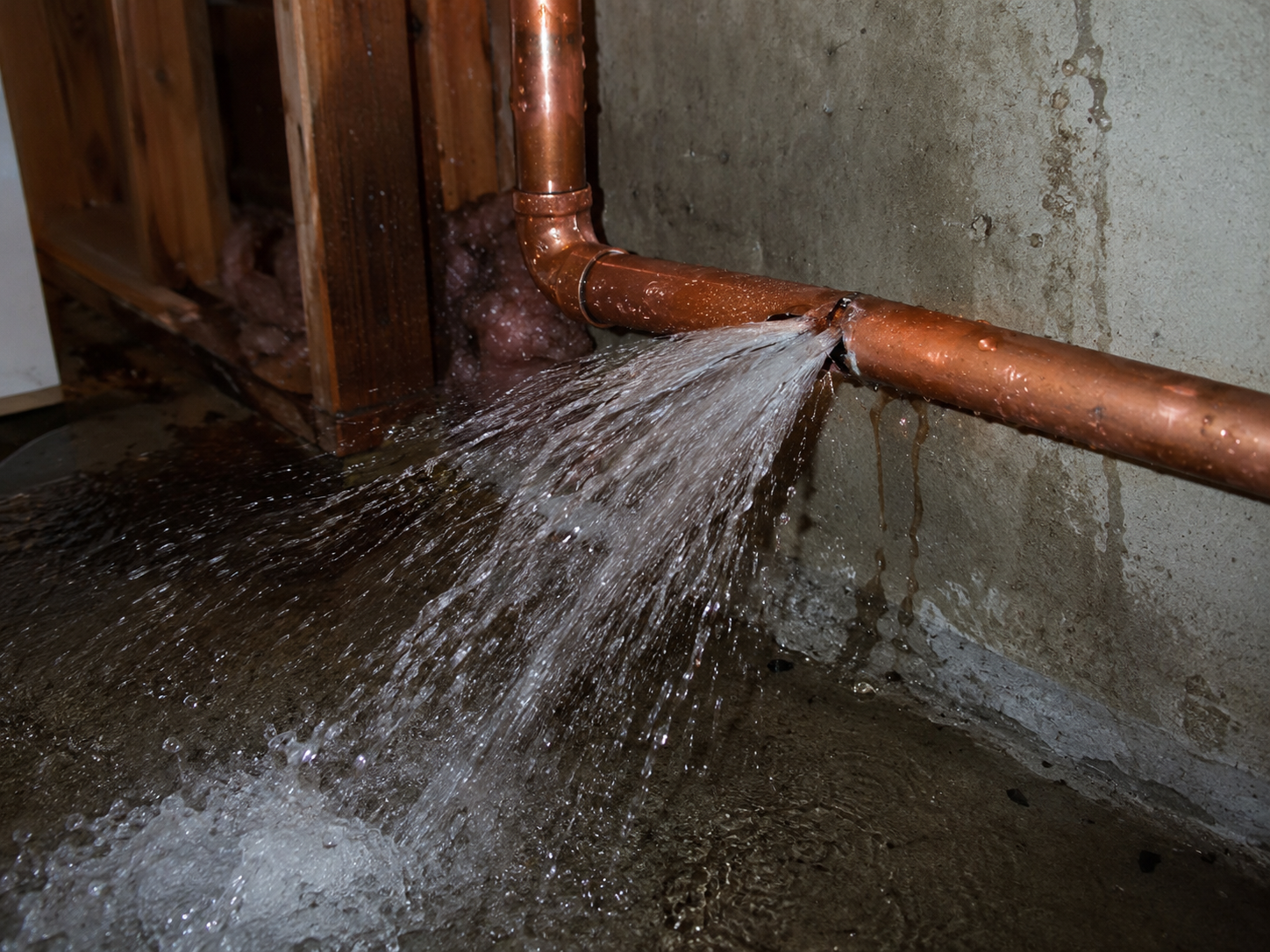 Burst copper pipe leaking water and requiring emergency cleanup
