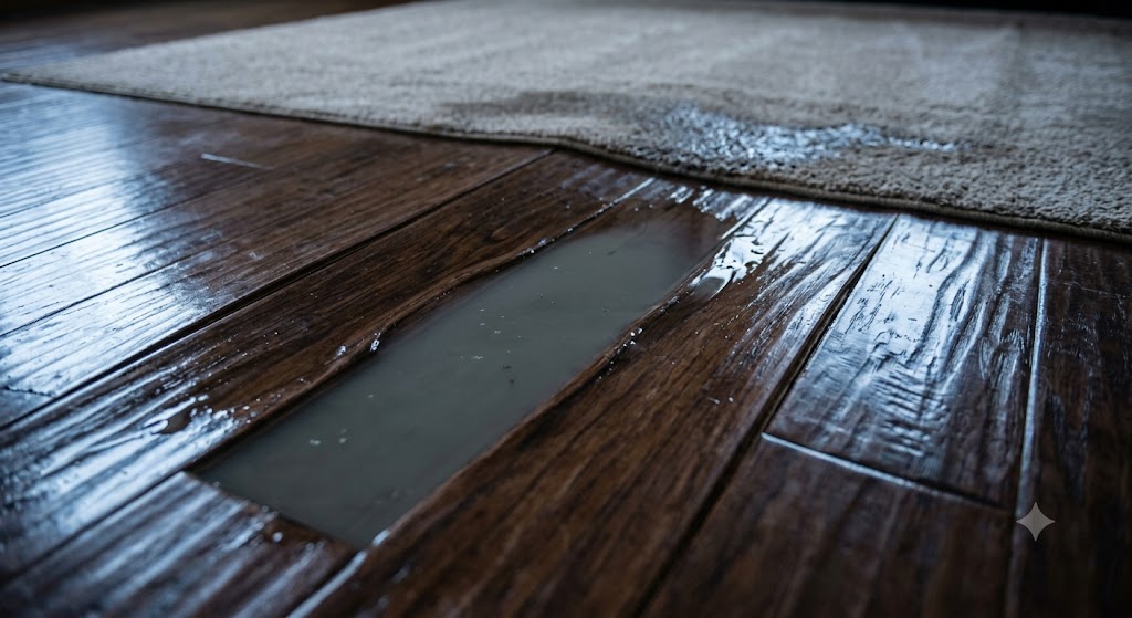 Wet hardwood floor water damage in Hyde Park Ohio